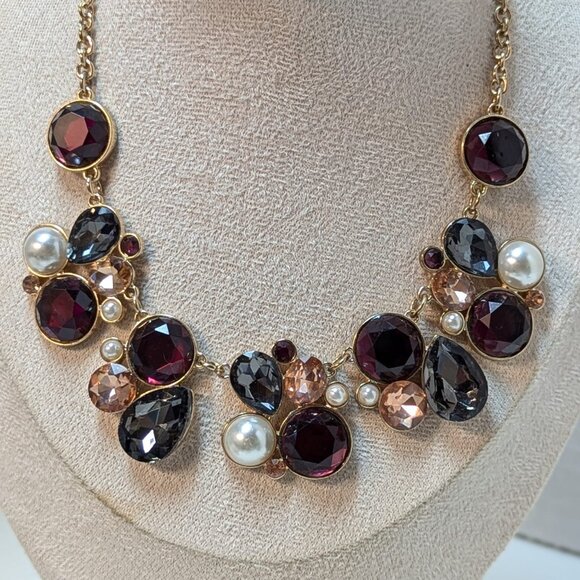 Gorgeous Gold Tone Rhinestone Faux Pearl Choker Necklace Burgundy Gray Peach - Picture 4 of 10